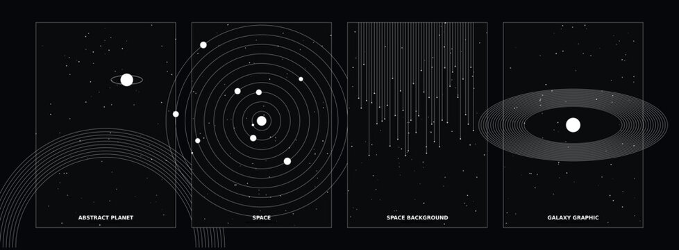 Minimalist space poster collection, abstract planet and galaxy graphic set, 4 vector cosmic backgrounds with solar system orbits and stars