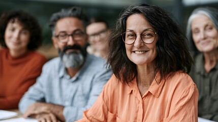 Obraz premium A smiling woman with glasses sits at a table surrounded by other adults in a group setting