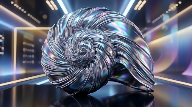 Abstract metallic nautilus shell sculpture with iridescent reflections in a modern gallery setting