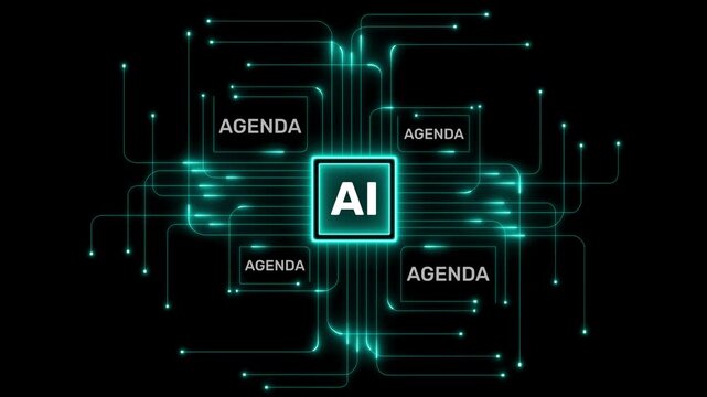 AI Agenda Planning Interface with Cyan Digital Processor on Dark Black Background Featuring Glowing Artificial Intelligence Task Management and Smart Workflow Design