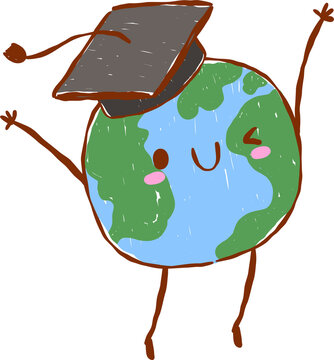Back to School Supply Earth Character With Graduation Cap Cartoon Character Hand Drawn