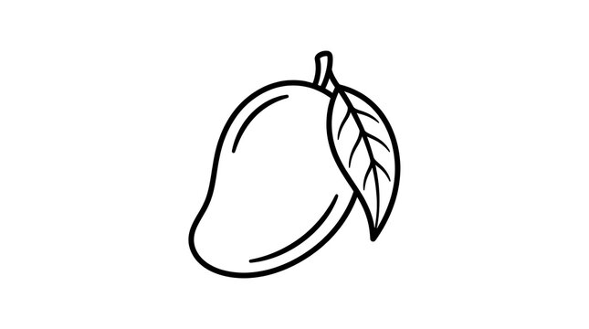 Simple black and white line art of a ripe mango with a leaf minimalist illustration tropical