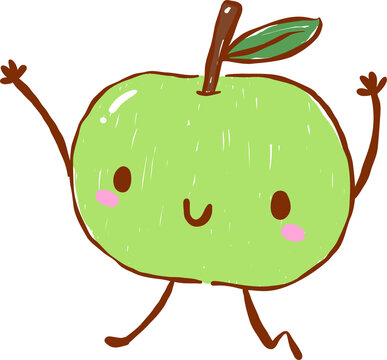 Back to School Supply Green Apple Cartoon Character Hand Drawn