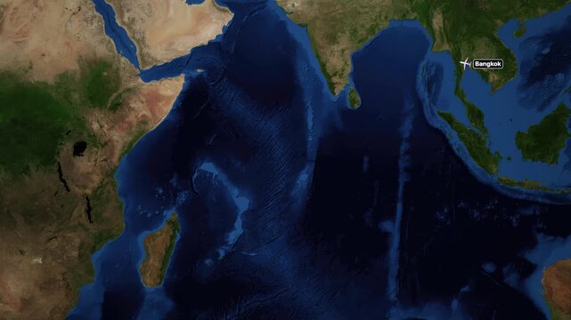 Animated Flight Route Map Between Bangkok Thailand and Nairobi Kenya