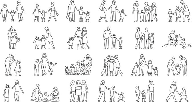 Diverse family line art vector set featuring parents children couples single mothers fathers and kids in minimal outline style