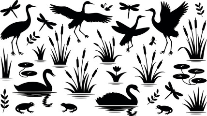 Black silhouette set of cranes swans dragonflies frogs water lilies and reeds isolated on white background vector illustration © Rashida