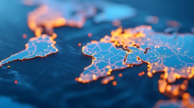 A digital world map highlighting population density or urban areas with glowing orange points on a dark blue background.