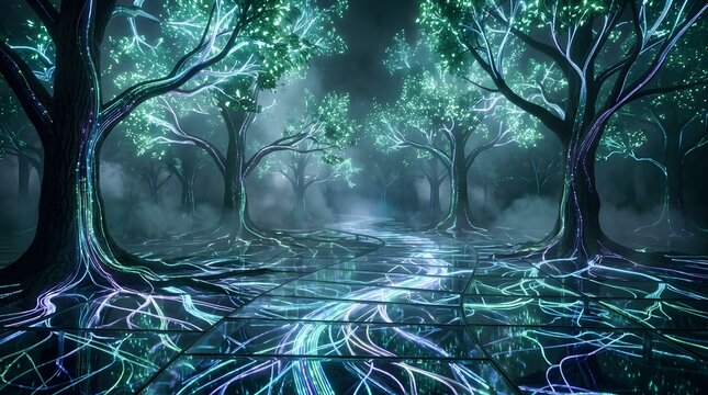 Futuristic digital forest with glowing bioluminescent trees and fiber optic roots on a reflective glass path