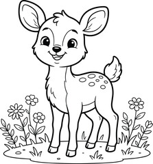 Obraz premium Cute Coloring Page Featuring a Happy Baby Deer Fawn Standing in the Grass with Beautiful Flowers for Kids Activity Books and Education