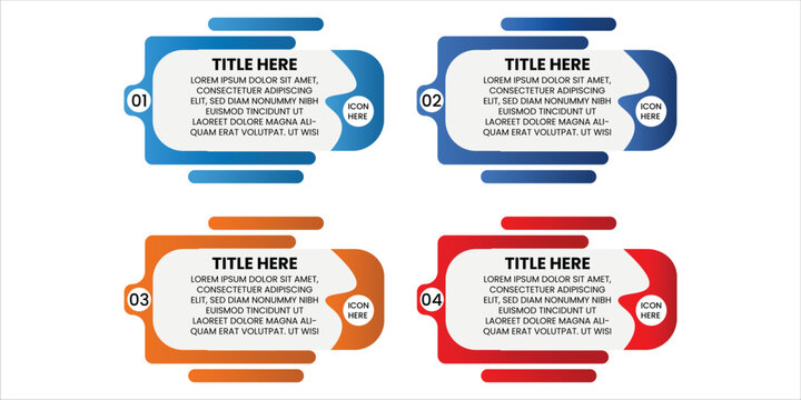 Four Step Business Infographic Template with Layered Frame Boxes Side Tabs and Rounded Information Panels for Corporate Workflow Presentation Layout