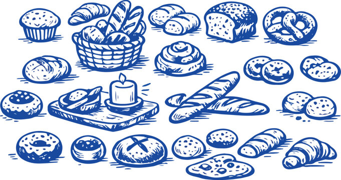 Breakfast hot drink jam toast berry in a naive hand-drawn vignetting doodle style, featuring a simple cup, cinnamon bun, pastry, bread, and widener details for warm cosy morning cafe menus and prints.