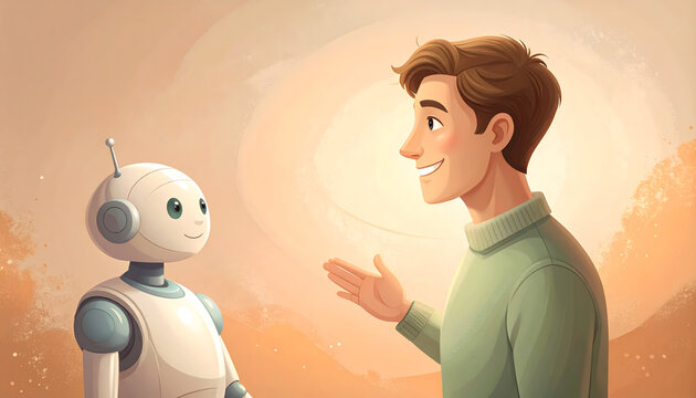 Person chatting happily with friendly rounded robot assistant creating cozy editorial mood generative AI