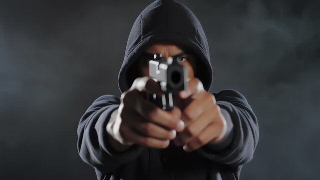 Hooded man pointing handgun at camera in smoky room