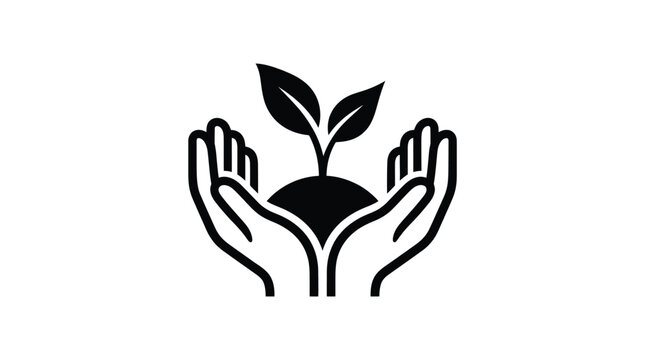 Minimalist black icon showing two cupped hands protecting a small growing plant sprout with two leaves on white background