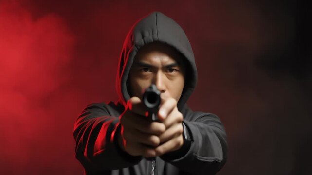 Hooded Man Pointing Handgun at Camera in Red Smoke