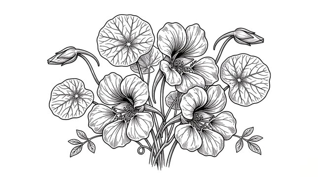 Detailed botanical illustration of nasturtium flowers and leaves with botanical, nasturtium