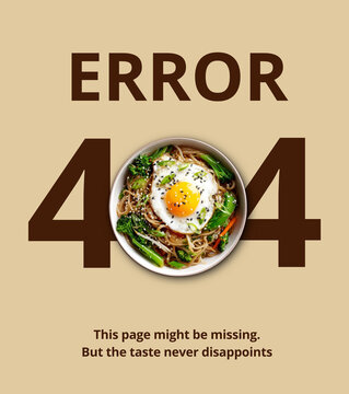 Restaurant 404 error social media post template. Noodle, vegetable, sunny side up, bowl, creative food marketing concept. Editable vector for cafes, restaurants, branding, promotions, and advertising