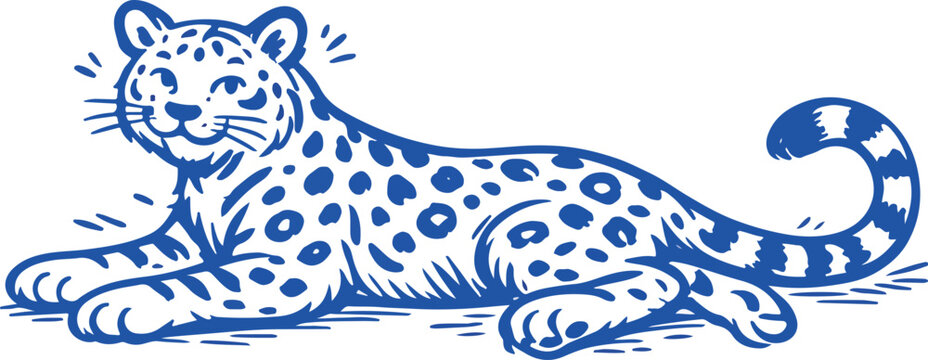 Tiger animal wildlife felino predator doodle in naive hand-drawn vignetting outline style, shown sitting, grooming and resting with striped fur and bold stripes for playful jungle poster illustration.