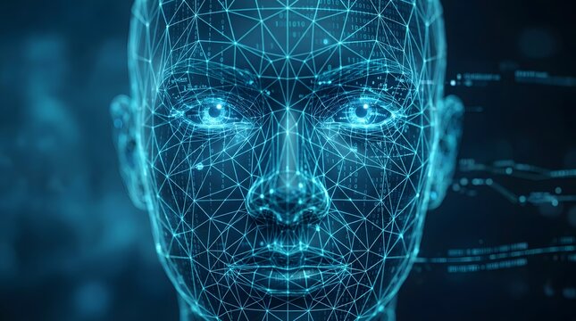 Digital human face concept with glowing blue wireframe mesh and binary data code overlay
