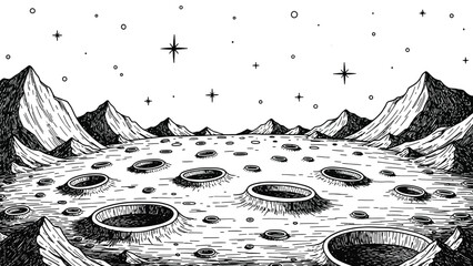 Lunar landscape with craters mountains and stars in deep space black and white drawing hand sketch style vector illustration. © hossain