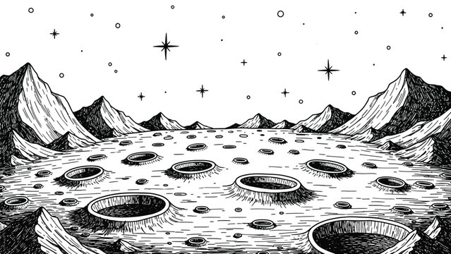 Lunar landscape with craters mountains and stars in deep space black and white drawing hand sketch style vector illustration.