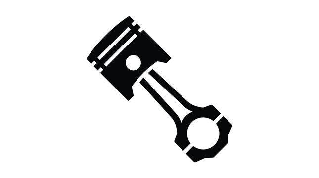 A bold black silhouette of a mechanical engine piston isolated on a clean white surface with sharp vector graphic lines