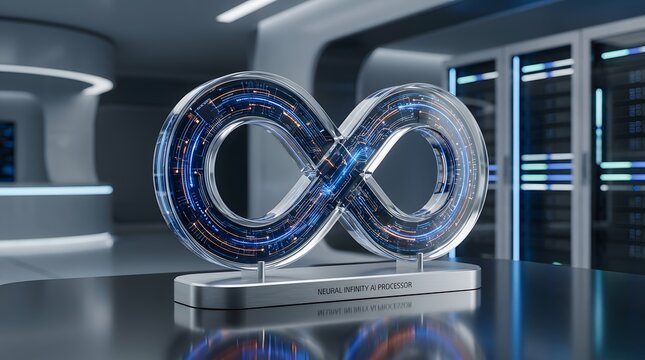 Futuristic infinity symbol ai processor concept in data center