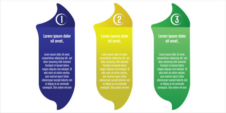 Three step curved vertical infographic template with flowing side panels and circular number labels for business process timeline presentation and information layout