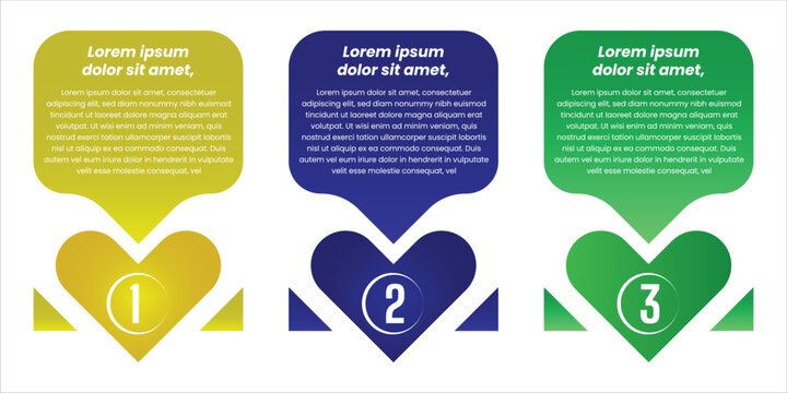 Three step speech bubble infographic template with connected rounded conversation panels in blue green and yellow modern communication process layout for business presentation