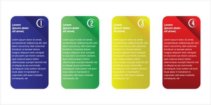 Four step vertical card infographic template with rounded rectangle information panels and numbered corner badges for modern business workflow presentation