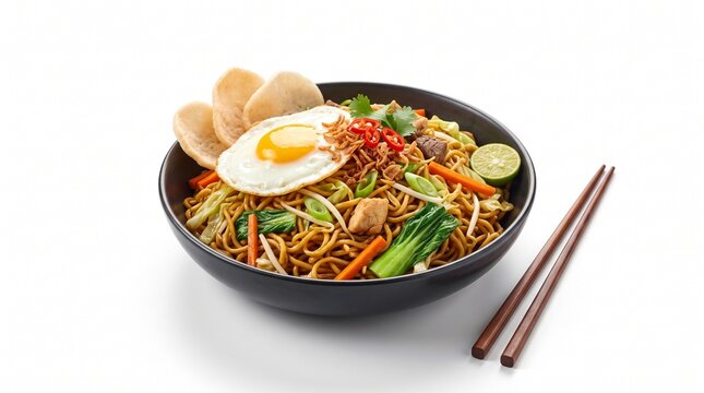 Delicious bowl of Indonesian fried noodles mie goreng with a fried egg and crackers.