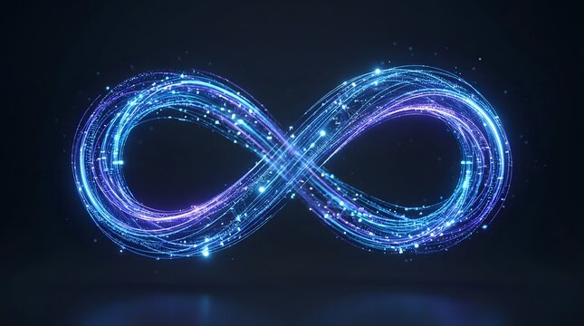 Abstract infinity symbol made of glowing blue and purple light particles and energy trails on a dark background