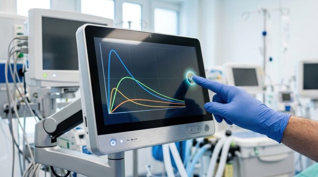 Medical professional adjusting ventilation settings on a digital touchscreen patient monitor in a modern intensive care unit