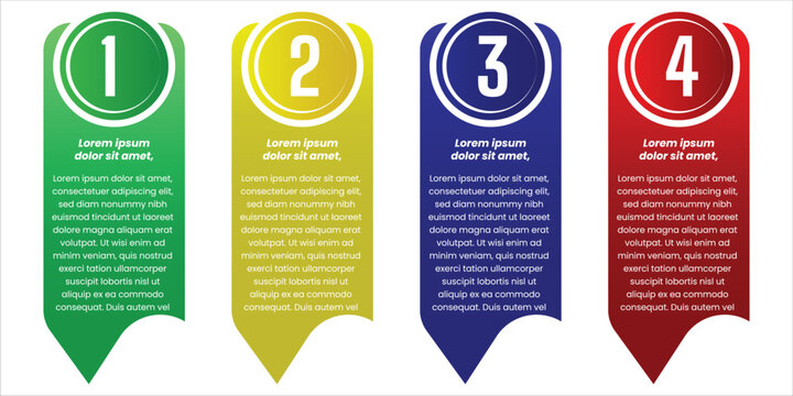 Four step ribbon infographic template with pointed vertical labels in yellow and blue for business workflow presentation process timeline and information layout