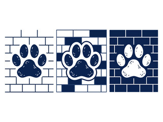 Pet Paw Print Icons on Brick Wall Background Set