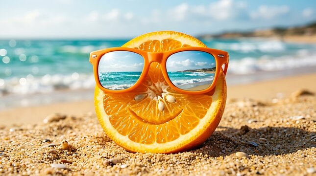 Funny orange slice wearing sunglasses on beach sand with sunglasses vacation tropical lifestyle