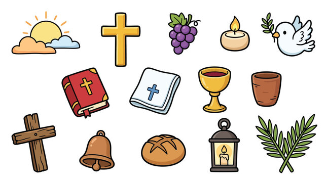 A collection of cartoon Christian religious symbols and items including crosses, Bibles, chalices, doves, bread, grapes, and candles, on a white background.