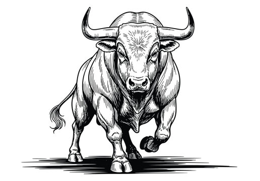 Powerful bull standing in aggressive pose black and white ink drawing illustration for sports mascot design or strong financial market concept vector art.