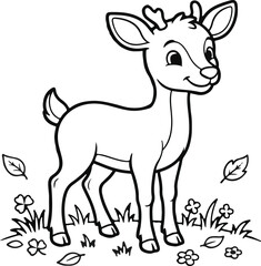 Fototapeta premium Cartoon deer standing on grass with flowers Vector