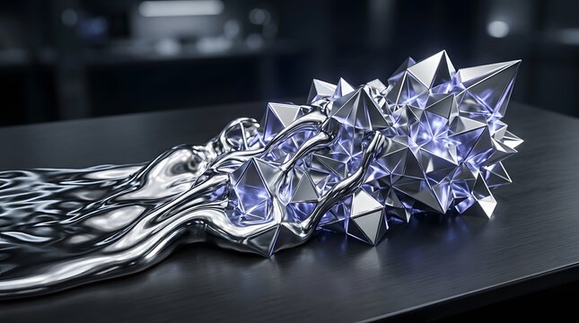 Molten liquid silver metal flowing over sharp geometric crystal structures, abstract industrial design
