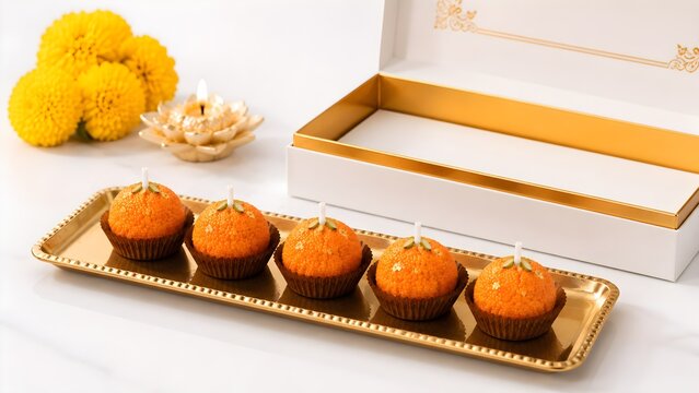 Traditional Indian Sweets Motichoor Laddu Box - Diwali Festival Food Stock Photo