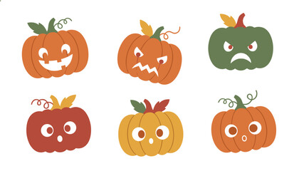 Fototapeta premium Collection of cute cartoon pumpkins with various funny and spooky expressions isolated on a clean white background.