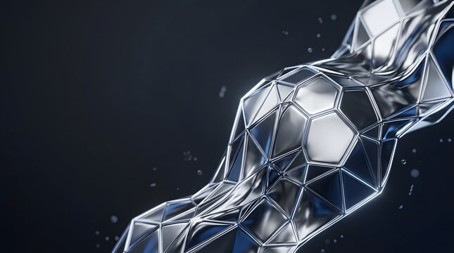 Abstract geometric metallic mesh structure with a flowing liquid chrome texture