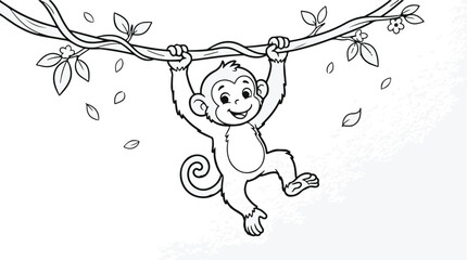 Happy cartoon monkey hanging from a tree branch Vector © MdSofiqul