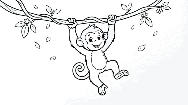 Happy cartoon monkey hanging from a tree branch Vector