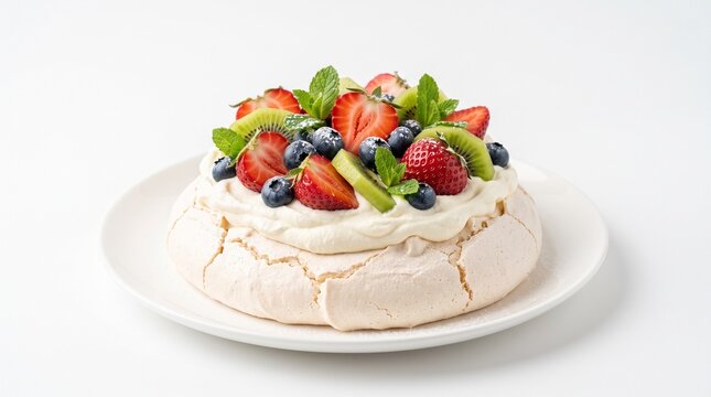 Delicious homemade pavlova meringue cake topped with fresh strawberries blueberries kiwi and mint leaves on a white plate.