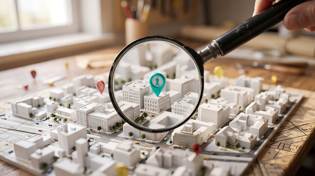 Magnifying glass focusing on location pin on city architectural model with magnifying location planning development architecture navigation construction research exploration