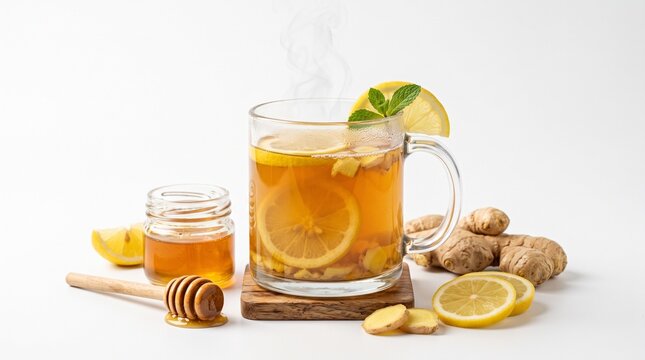 A glass mug of hot ginger tea with lemon slices and honey on a white background.