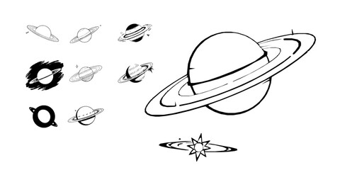 Planet Saturn With Rings Near A Comet Outline Clean Line Black Outline On White Coloring Page © PRO_ED