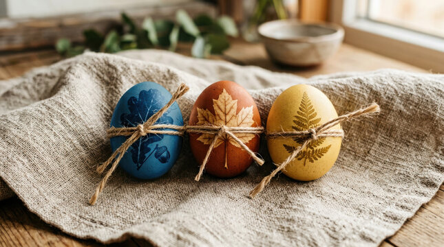 Three colorful easter eggs decorated with natural leaves and tied with twine on generated using ai
